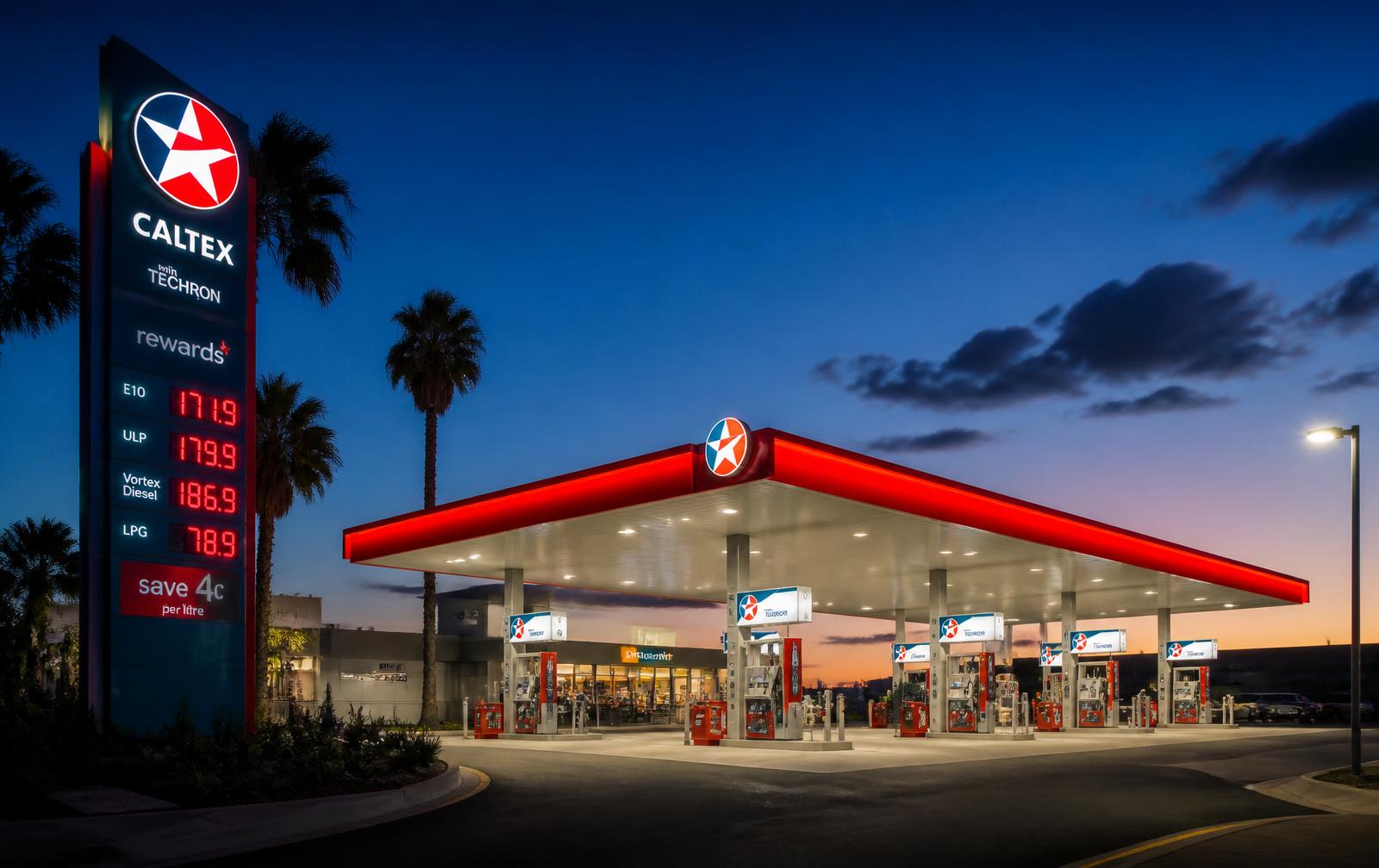 Posto de combustível iluminado ao entardecer